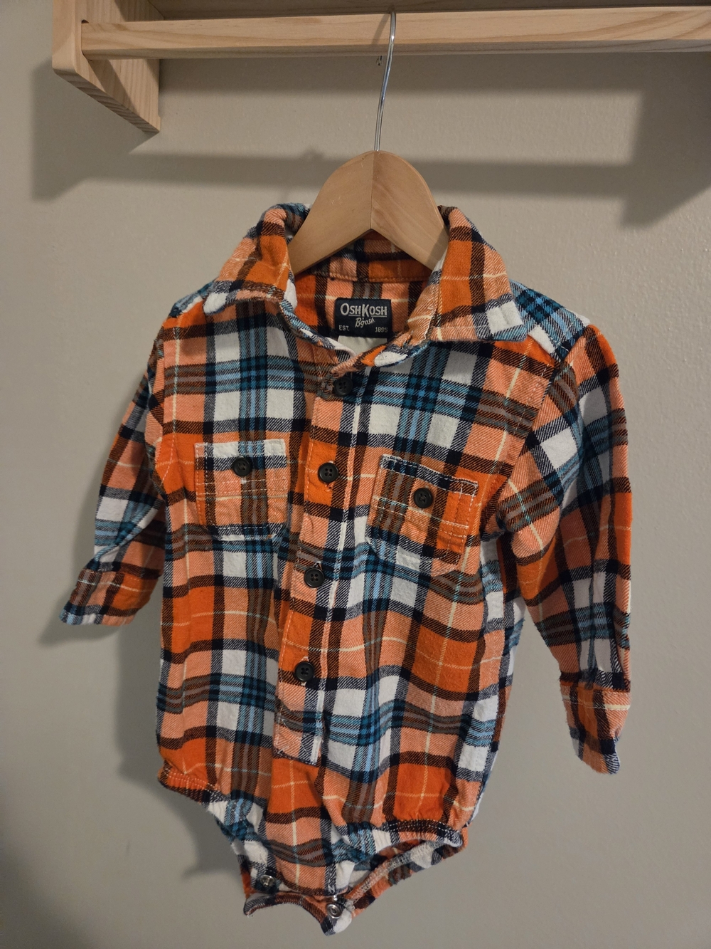 OshKosh B'gosh Baby Boy 9M Orange Navy Plaid Button-Front Onesie Shirt